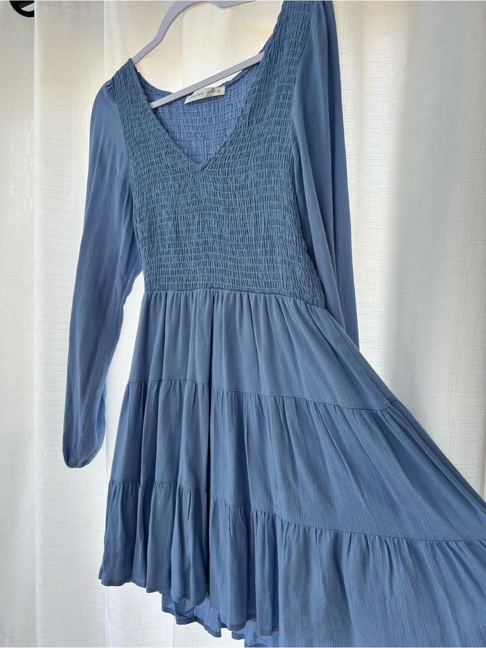 Altar'd State Dusty Blue Long-Sleeve Smocked Tiered Dress